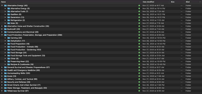 906 survival guides organized into folders and subfolders by category